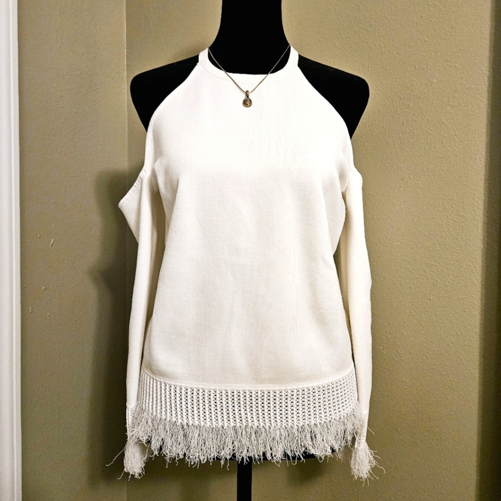 Bailey 44 cold shoulder sweater-knit top, White, white fringe detail, US L
